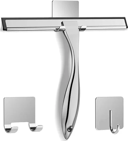 All-Purpose Stainless Steel Shower Squeegee for Shower Glass Door with 2 Adhesive Hooks, Bathroom Cleaner Tool Household Window Mirror Squeegee , Cleaning Tile Wall, Car, 10 Inch Silver