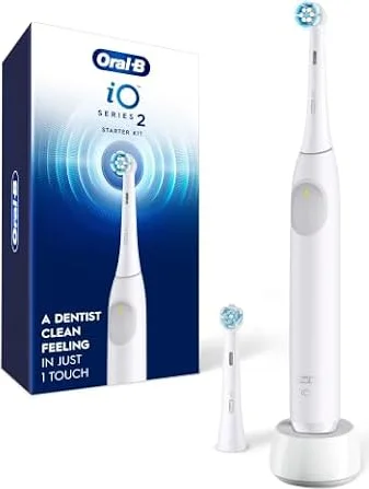 Oral-B Rechargeable Electric Toothbrush, iO2 Starter Kit, 3 Cleaning Modes, Automatic Pressure Sensor to Protect Gums, 2 Brush Heads, Pure White