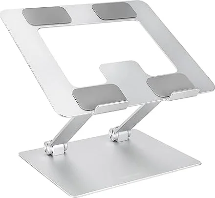 Amazon Basics Sturdy and Portable Ergonomic Laptop Stand for Desk, Height Adjustable Riser with Ventilated Cooling, Foldable, Fits all Laptops up to 15.6 Inch, Silver
