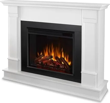 Real Flame Silverton 48” Electric Fireplace with Mantel for Living Room or Bedroom, Replaceable Fireplace Insert Heater, Realistic Log and Flame Effect, Remote Control, Timer, White