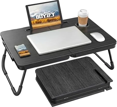 BUYIFY 23.4" Foldable Lap Desk Bed Table with Cup Holder Tray Black