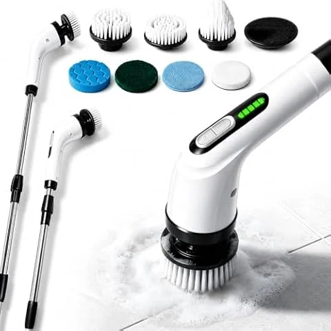 Highyes Electric Spin Scrubber for Bathroom, IPX7 Waterproof Shower Scrubber with Extendable Long Handle, Bathroom Cleaning Scrubber with 7 Reusable Brush Heads (White)
