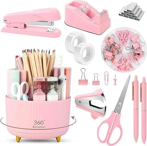 SKYDUE Pink Desk Accessories 11Pcs with Rotating Pen Holder for Desk