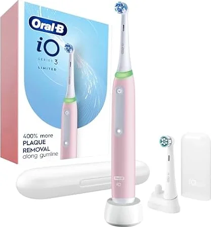 Oral-B Rechargeable Electric Toothbrush, iO3 Limited Deep Clean, 3 Cleaning Modes, Visual Pressure Sensor to Protect Gums, 2 Brush Heads, Travel Case, Azalea Pink