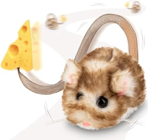 Migipaws Interactive MigiMouse Cat Toy 360° Rolling & Spin with Mesh Plastic Tail for Indoor Cats Smart Motion Sensor, Realistic Squeak, Rechargeable Plush Kitten Toy(Brown Long)