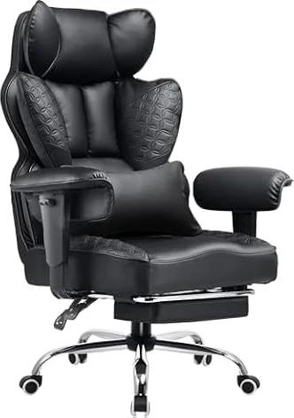 COMHOMA Big and Tall Office Chair Heavy Duty Wide Ergonomic Gaming Chair with Deluxe Embossing Designed Leather with Foot Rest, 145°Reclining Adjustable Armrests Pocket Spring Back Support and Pillow