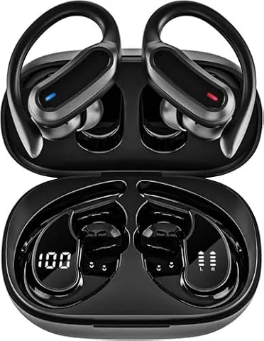 Wireless Earbuds Bluetooth Headphones, 54H Playtime Stereo Over Ear Buds with ENC Noise Cancelling, LED Power Display, IPX7 Waterproof Sport Earphones with Earhooks for Running/Workouts (Black)
