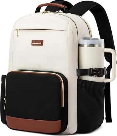 LOVEVOOK Laptop Backpack for Women with Pouch Pocket for Large Capacity Cup,15.6 Inch Laptop Computer Bag Travel Backpack Purse,Waterproof Work Business Backpack College Teacher Bags,Beige-Black-Brown