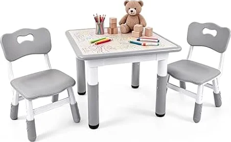 Pterying Toddler Table and Chair Set, Graffiti Tabletop, 2 Chairs, Grey