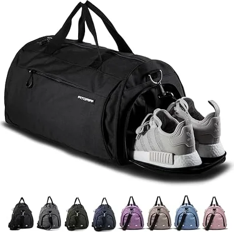 Fitgriff® Gym Bag for Men & Women with Shoe & Wet Compartment - Duffle Bag for Travel, Sports, Fitness & Workout (Full Black, 19 x 10 x 10″ (Small))