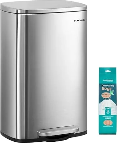 SONGMICS 13 Gallon (50 L) Trash Can, Stainless Steel, Step-On Pedal