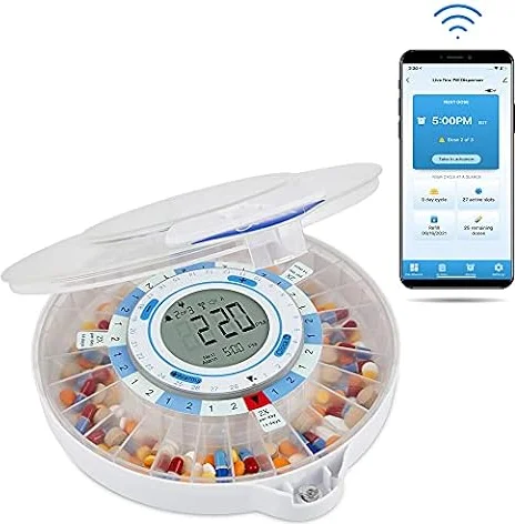 LiveFine Auto WiFi Pill Dispenser for Elderly, 28-Day Supply, Clear Lid