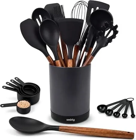 SMIRLY Silicone Kitchen Utensils Set, 22-Piece Acacia Wood Handle, Black