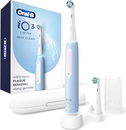 Oral-B Rechargeable Electric Toothbrush, iO3 Limited Deep Clean, 3 Cleaning Modes, Visual Pressure Sensor to Protect Gums, 2 Brush Heads, Travel Case, ICY Blue