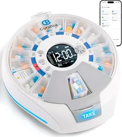 CB CuraBox 21 Day WiFi Automatic Pill Dispenser with Individual Rising Pods for Elderly Easy Access & Fresh Storage, Remote Monitoring, Alarms & Light Alerts, Key Lock, for Seniors and Caregivers