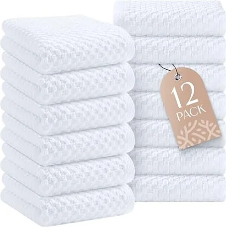 Wealuxe Super Absorbent Kitchen Towels 12 Pack - Premium 100% Cotton Kitchen Towels, 450GSM Thick Machine Washable White Dish Towels for Kitchen Drying, Cleaning, Dobby Weave, Unmatched Quality
