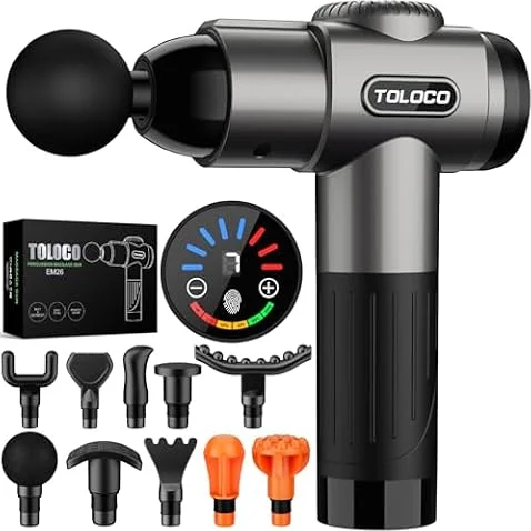 TOLOCO Massage Gun, Deep Tissue Back Massage for Athletes for Pain Relief, Percussion Massager with 10 Massages Heads & Silent Brushless Motor, Fathers Day Dad Gifts, Grey