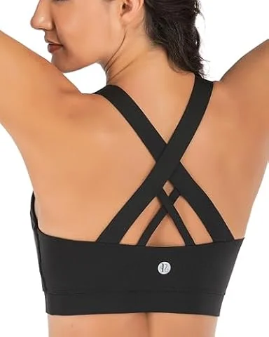 RUNNING GIRL Sports Bra for Women, Criss-Cross Back Padded Strappy Sports Bras Medium Support Yoga Bra with Removable Cups (2353D-Black,M)