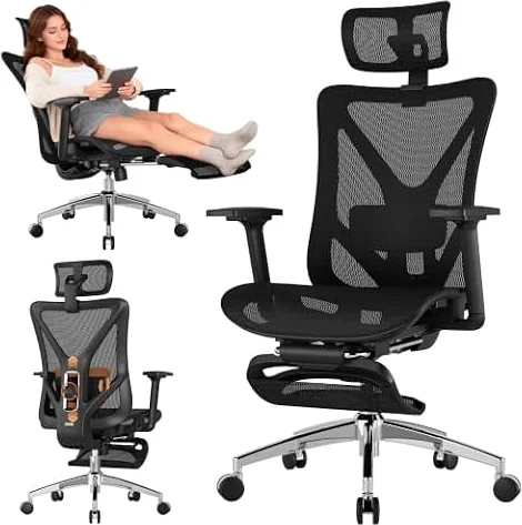 GABRYLLY Ergonomic Office Chair with Footrest, 135° Reclining Desk Chair with Adjustable Lumbar Support,3D Armrest,Headrest & Large Steel Base, 300LBS Heavy Duty Mesh Chair