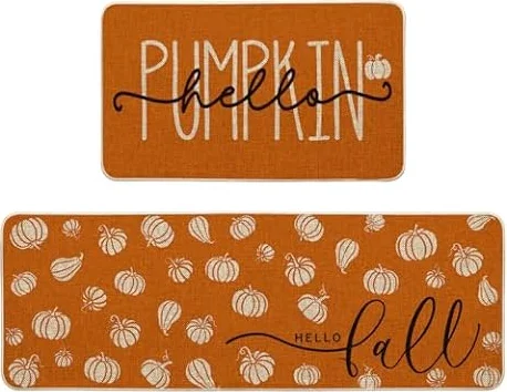 Artoid Mode Orange Hello Pumpkin Fall Kitchen Mats Set of 2 - 17x29+17x47"