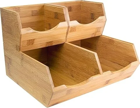 HOMESTEAD Bamboo Pantry Storage Bins – Stackable Potato & Onion Storage Bin for Kitchen Countertop, Pantry Organizer, Fruit Vegetable Basket, Multiuse - Set of 3 Slide-Out Access