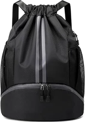 JELUTAR Drawstring Backpack Gym Bag with Shoes Compartment, Black