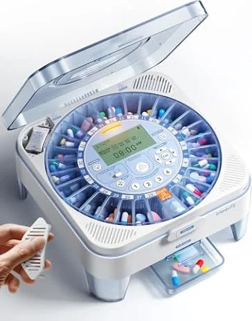 Ideerfit 28-Day Automatic Pill Dispenser – One-Press Daily Dispense, Easy-to-Use Slide-Door Cup, Sound & Light Alerts, Moisture-Proof Dual Desiccants, Large Compartments for Tablets & Capsules