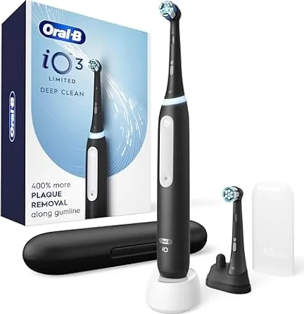 Oral-B iO Series 3 Limited Deep Clean Rechargeable Electric Toothbrush for Adults, Black, 3 Modes, Smart Pressure Sensor, Plaque Removal and Gum Care, 2 Replacement Brush Heads, Travel Case