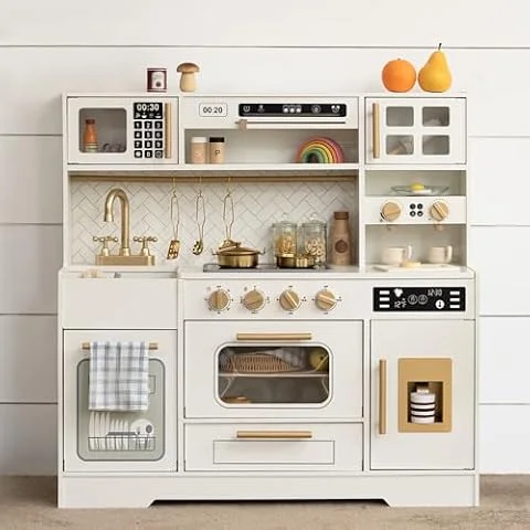 Wooden Play Kitchen for Kids with Real Lights and Sounds for Pretend Play