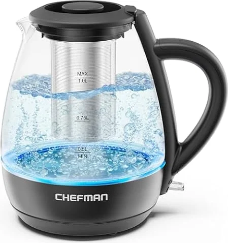 Chefman Electric Kettle with Tea Infuser, Compact 1L (4 Cups), 1500W, Removable Lid for Easy Cleaning, Boil-Dry Protection, Stainless Steel Filter, BPA Free, Auto Shut Off, Small Electric Tea Kettle