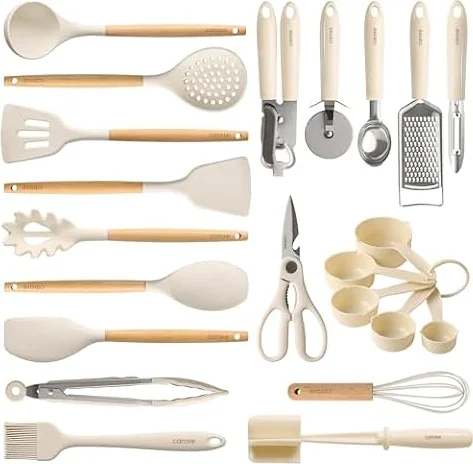 CAROTE 22-Piece Cooking Utensils Set with Wood Cool-Touch Handles, Cream