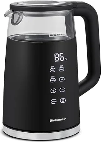 Elite Gourmet 1.7L Dual-Wall Cool-Touch Tea Kettle, Touchscreen, Black