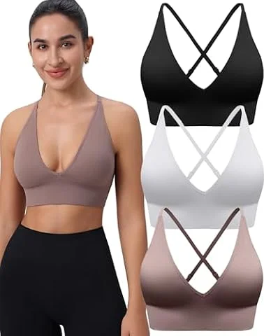 Women's V Neck Sports Bras, Adjustable Seamless Wireless Padded Bralettes