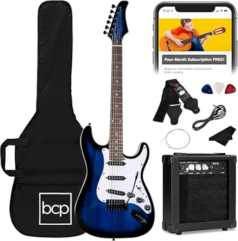 Best Choice Products 39in Full Size Beginner Electric Guitar Starter Kit w/Case, Strap, 10W Amp, Strings, Pick, Tremolo Bar - Hollywood Blue