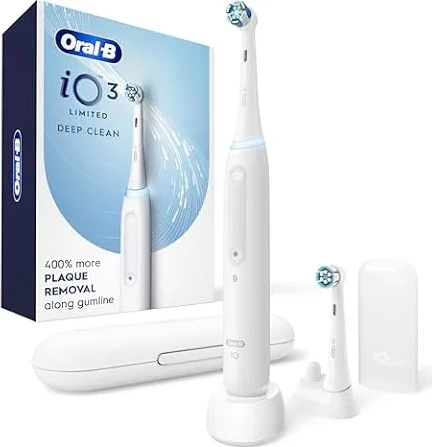 Oral-B Rechargeable Electric Toothbrush, iO3 Limited Deep Clean, 3 Cleaning Modes, Visual Pressure Sensor to Protect Gums, 2 Brush Heads, Travel Case, White