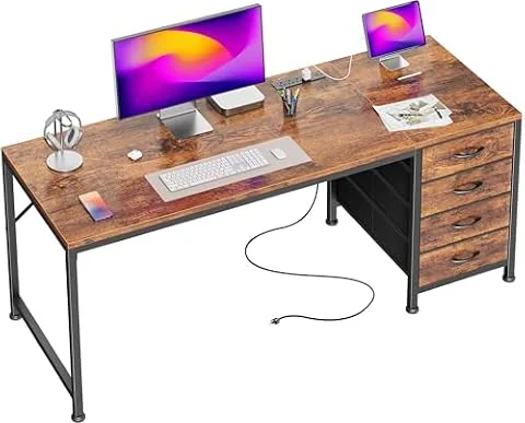 PRAISUN 55.1 Inch Computer Office Desk with Power Outelts and USB-C Port, Reversible Gaming Desk with 4 Fabric Drawers, Work Study Desk Work from Home, Rustic Brown
