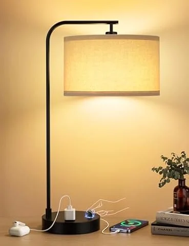 20.7" Tall Table Lamp with USB & Outlet, Fully Dimmable Nightstand Lamp