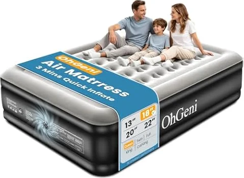 OhGeni Air Mattress Queen with Built in Pump, 18" Raised Blow up Bed, 800lb
