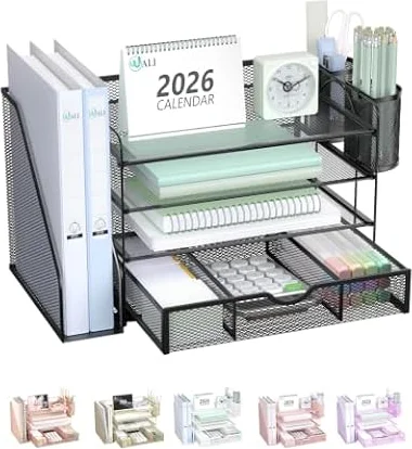 WALI Desk File Organizer, 4 Tier Desktop Paper Letter Tray Organizer with Drawer and 2 Pen Holders, Office Desk Accessories & Workspace Organizers for Office, Home Supplies(DO005DH-B), 1 Pack, Black
