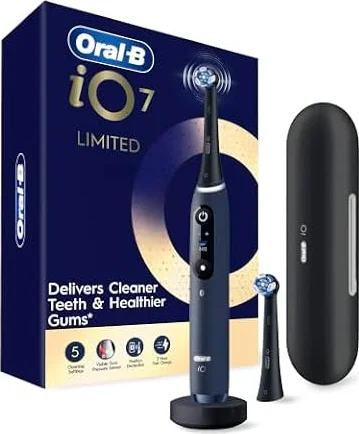 Oral-B Rechargeable Electric Toothbrush, iO7 Limited Deep Clean + Protect, 5 Cleaning Modes, Interactive Display, Visible Pressure Sensor, 2 Brush Heads, Charging Travel Case, Sapphire Blue