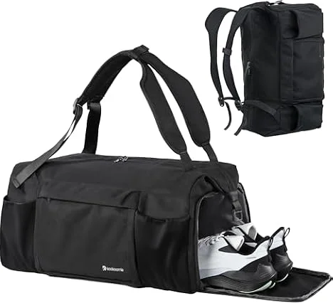 Kookoomia Gym Bag for Men with Shoes Compartment and Wet Pocket Convertible Duffle Bag and Gym Backpack Waterproof Sports Bags for Men with 2 Bottle Holders Multipurpose Weekender Overnight Bag -Black