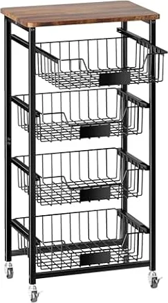 OKZEST 5-Tier Kitchen Storage Cart with 4 Upgraded Drawer Basket & Wood Top