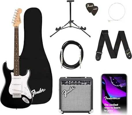 Fender Squier Debut Series Stratocaster Electric Guitar Kit, Beginner Guitar Kit, with 2-Year Warranty, with Padded Gig Bag, Frontman 10G Amp, Strap, and More, Includes Free Lessons, Black