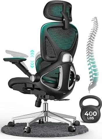 CAPOT Ergonomic Mesh Office Chair, Adjustable Lumbar High Back Desk Chair 400lbs, 4D Flip-up Arms, 3-Level Tilt Backrest, 3D Headrest, PU Wheels, Swivel Rolling Computer Seating for Long Desk Work