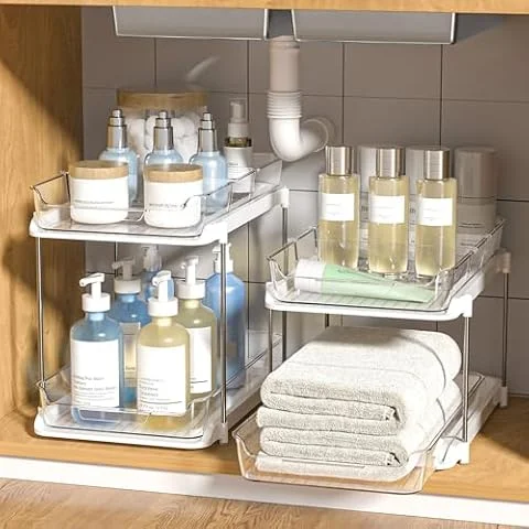 Delamu 2-Tier Multi-Purpose Bathroom Under Sink Organizers and Storage, Stackable Kitchen Pantry Organization, Pull Out Medicine Cabinet Organizer with Movable Dividers, White, 2 Pack