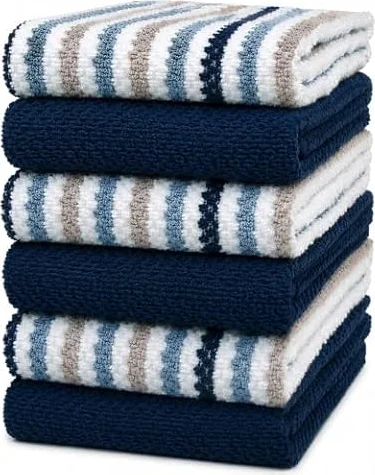 Bumble Kitchen Towels 6 Pack 100% Cotton 16"x26" - Blue Wide Stripe