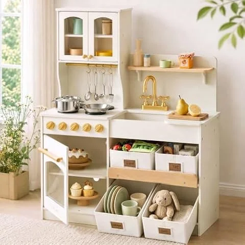 Tiny Land Wooden Play Kitchen for Kids with Toy Storage for Pretend Play