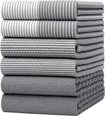 Premium Kitchen Towels 6 Pack 100% Cotton, 20"x28" Dish Towels - Grey