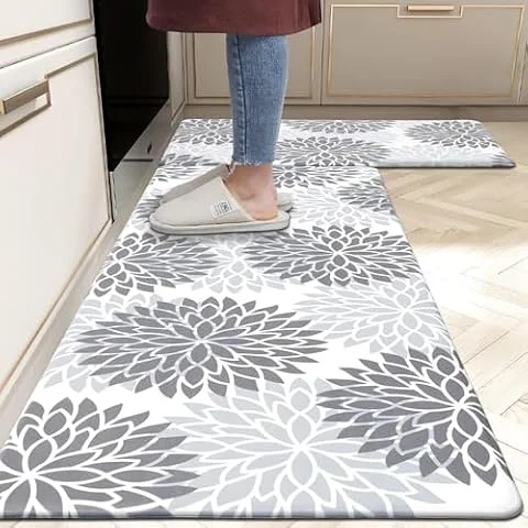 HEBE Kitchen Mats for Floor,Floral Anti Fatigue Kitchen Rugs Set of 2,Grey
