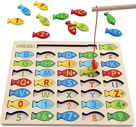 Magnetic Wooden Fishing Game Toy for Preschoolers, Alphabet Fish Catching Counting Games Puzzle with Numbers and Letters, Preschool Learning ABC and Math Educational Toys for 3 4 5 Years Old Kids